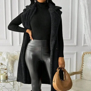 Black Casual Women's Fleece Turndown Collar